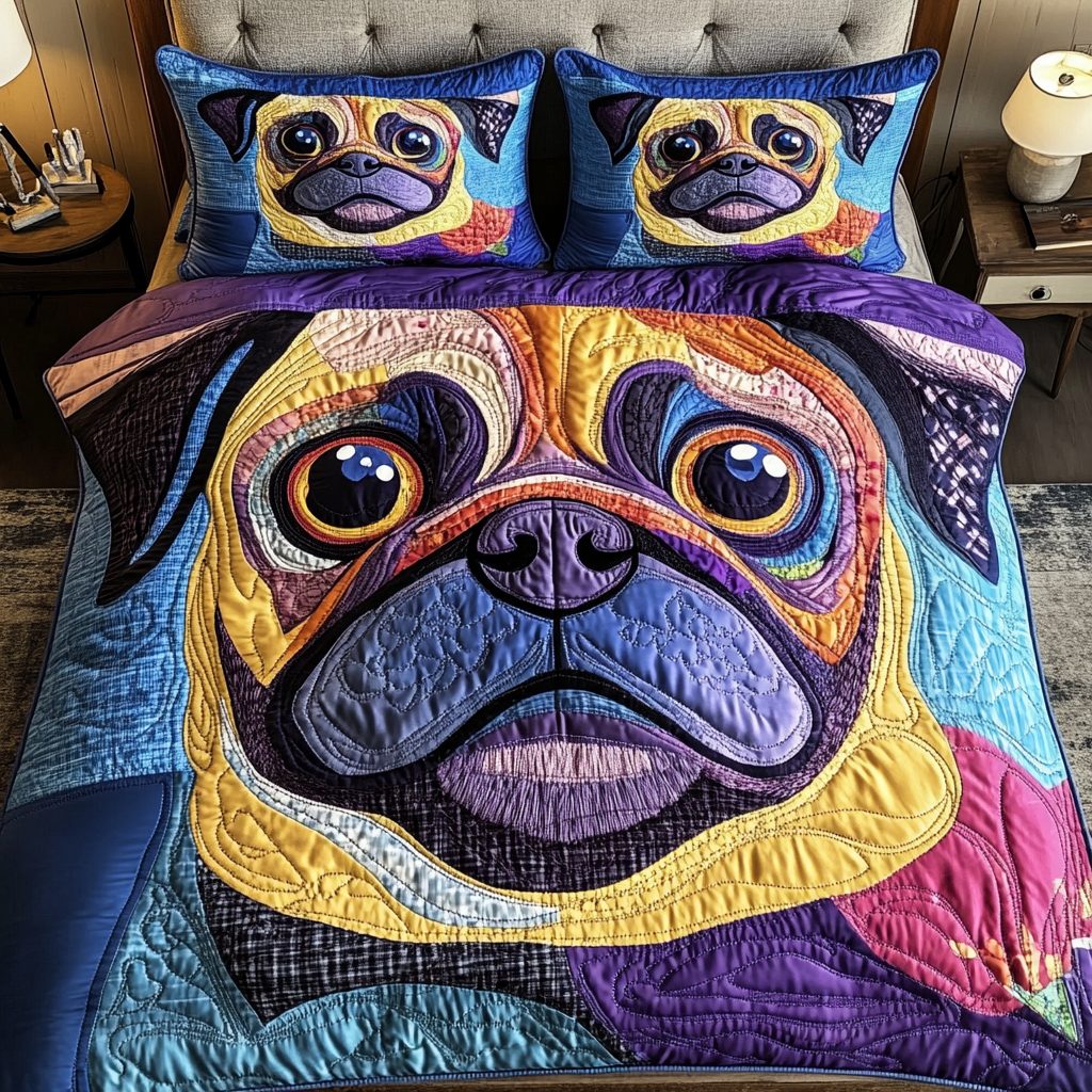 Dreamy Pug quilted 3-piece bedding set on a made bed with two matching pillow shams