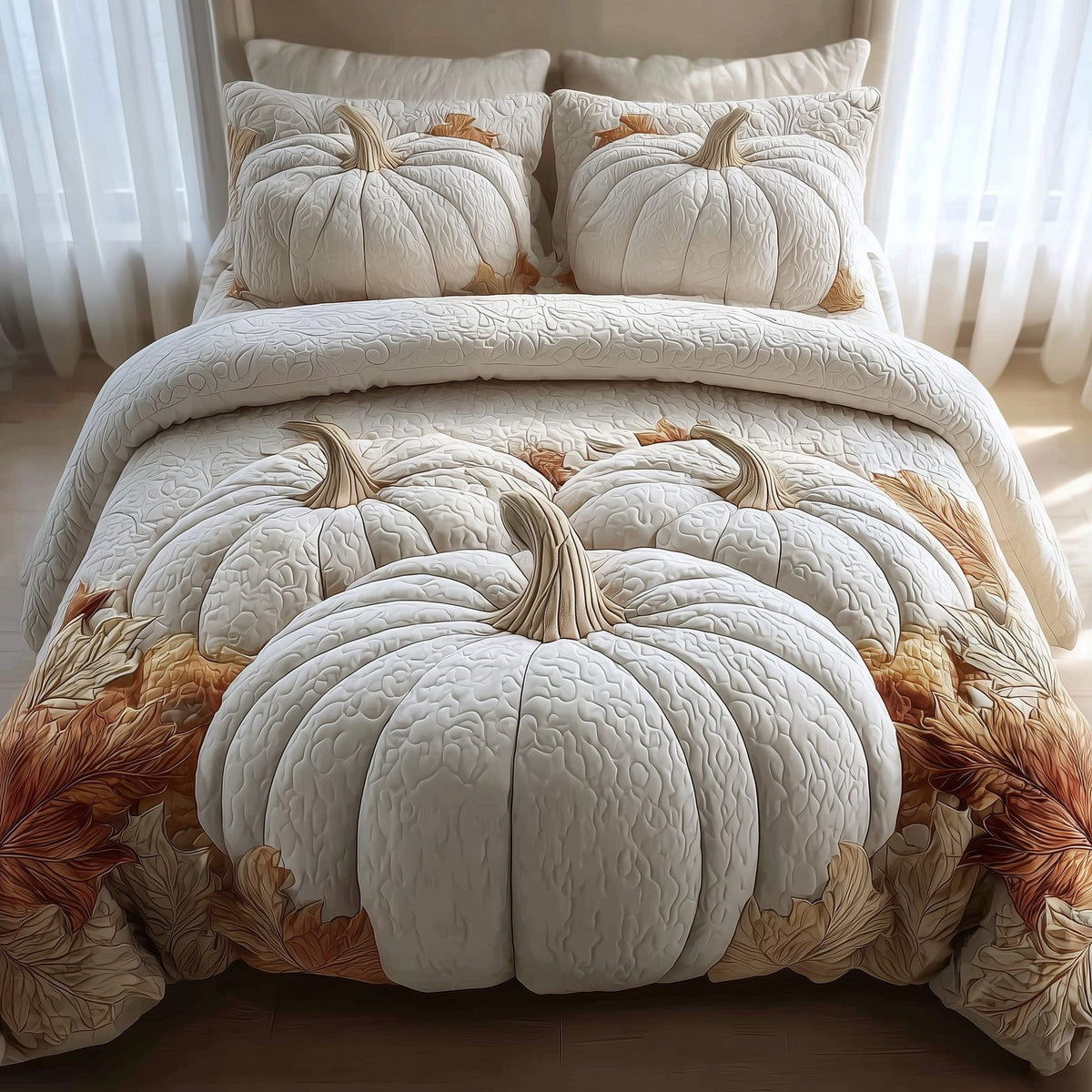 Dreamy Pumpkin Patch quilted 3-piece bedding set on a made bed against a dark styled interior