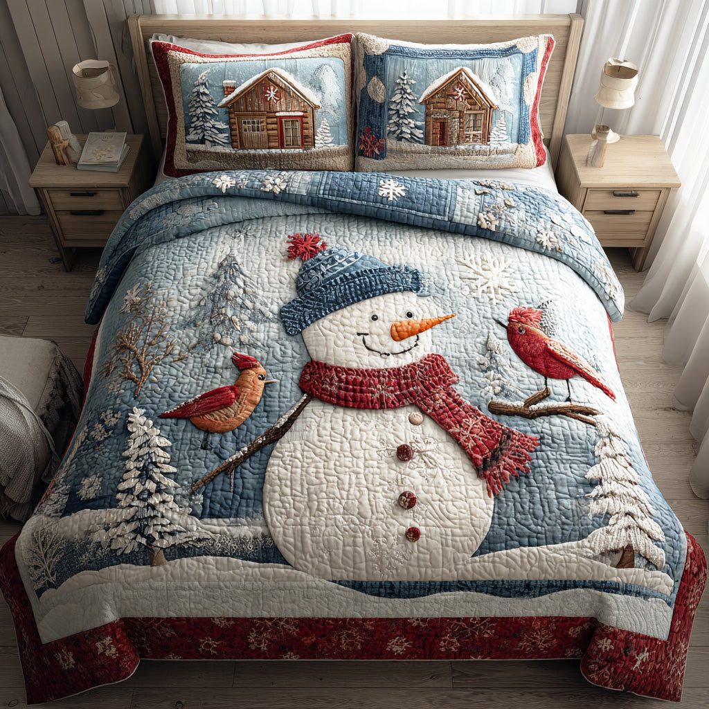 Dreamy Snow Garden quilted 3-piece bedding set on a made bed with two matching pillow shams