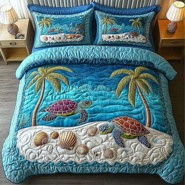 Dreamy Turtle Drift quilted 3-piece bedding set on a made bed in a light coastal bedroom