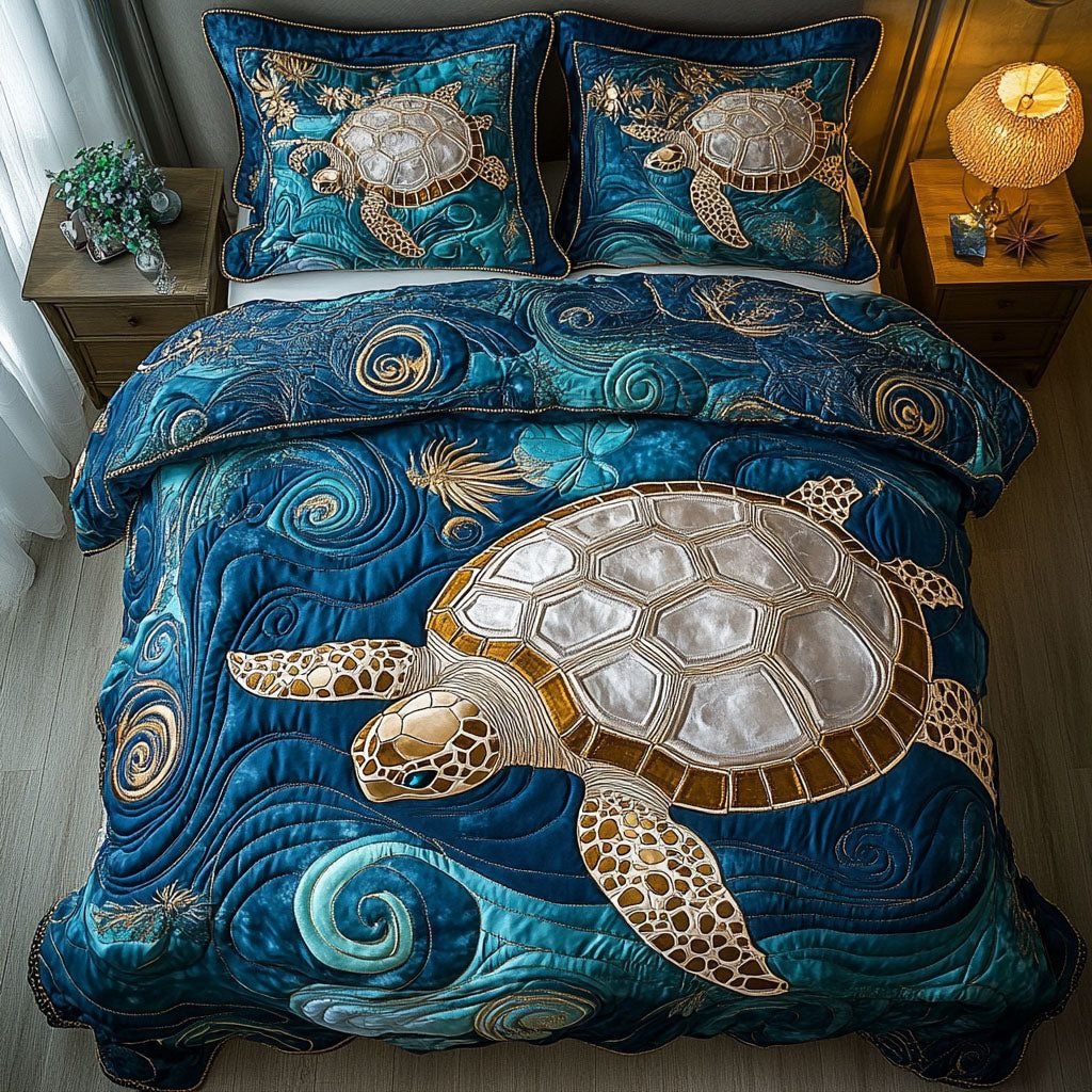 Dreamy Turtle Drift quilted 3-piece bedding set on a made bed in a light coastal bedroom