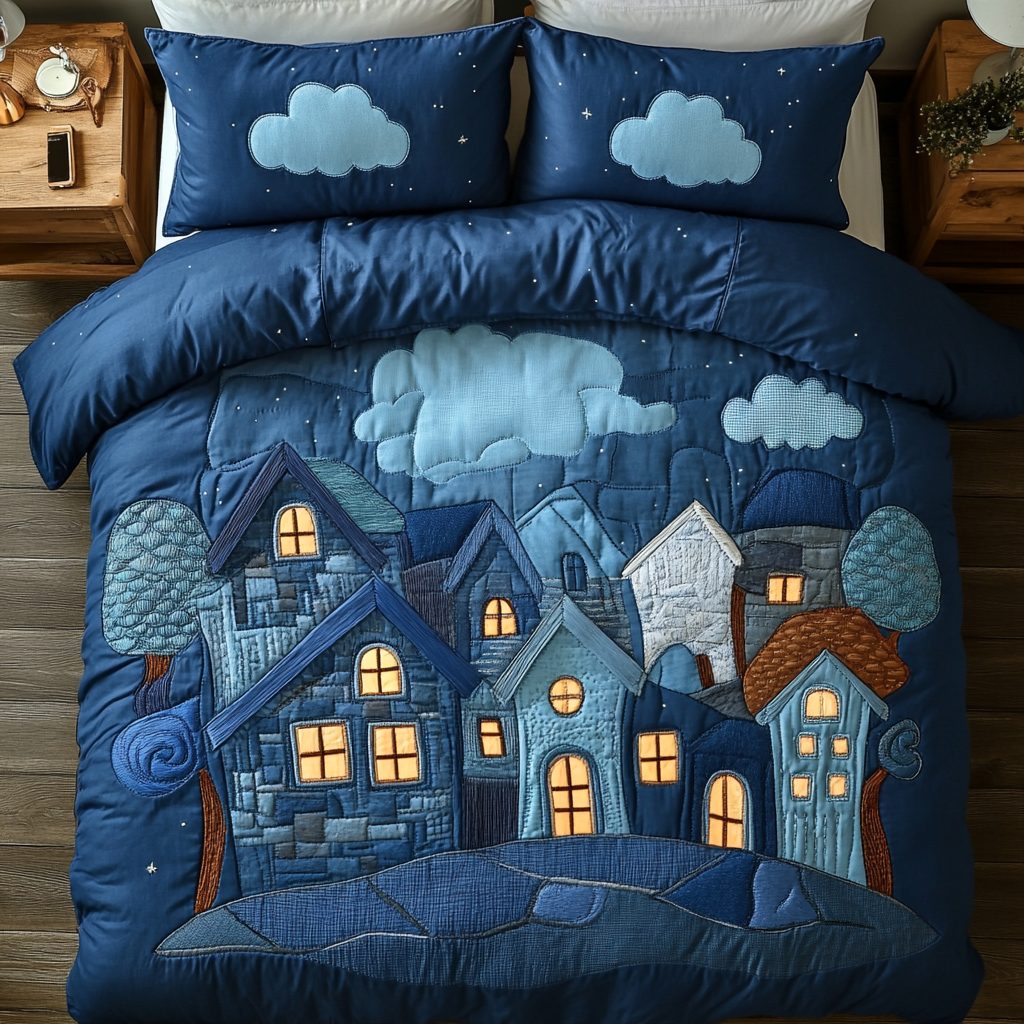 Dreamy Village quilted 3-piece bedding set on a made bed with two matching pillow shams