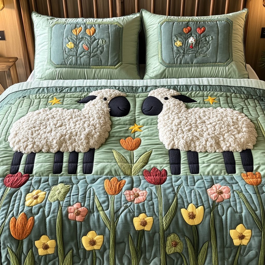 Dreamy Wool quilted 3-piece bedding set on a made bed with two matching pillow shams