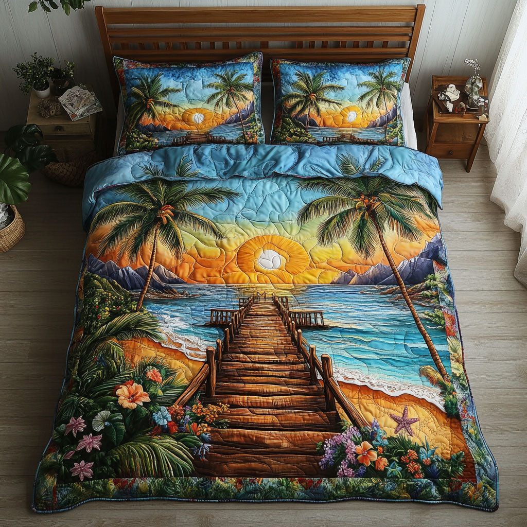 Driftwood Dreams quilted 3-piece bedding set on a made bed in a light coastal bedroom