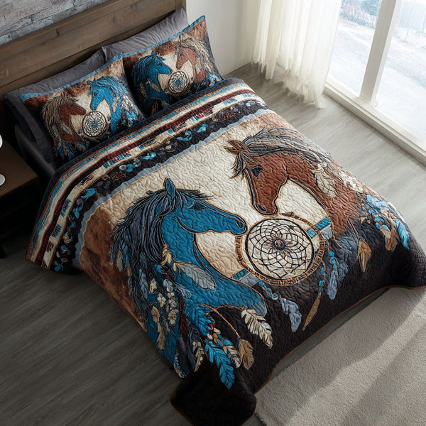 Driftwood Mane quilted 3-piece bedding set on a made bed in a light coastal bedroom