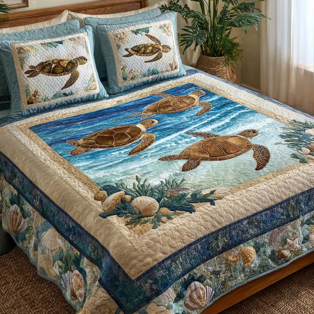 Driftwood Turtle quilted 3-piece bedding set on a made bed in a light coastal bedroom