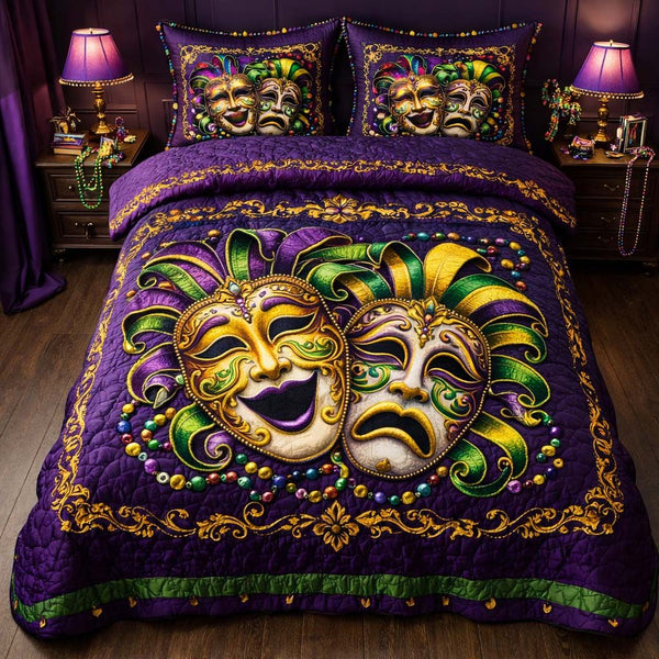 Dueling Masks quilted 3-piece bedding set on a made bed with two matching pillow shams