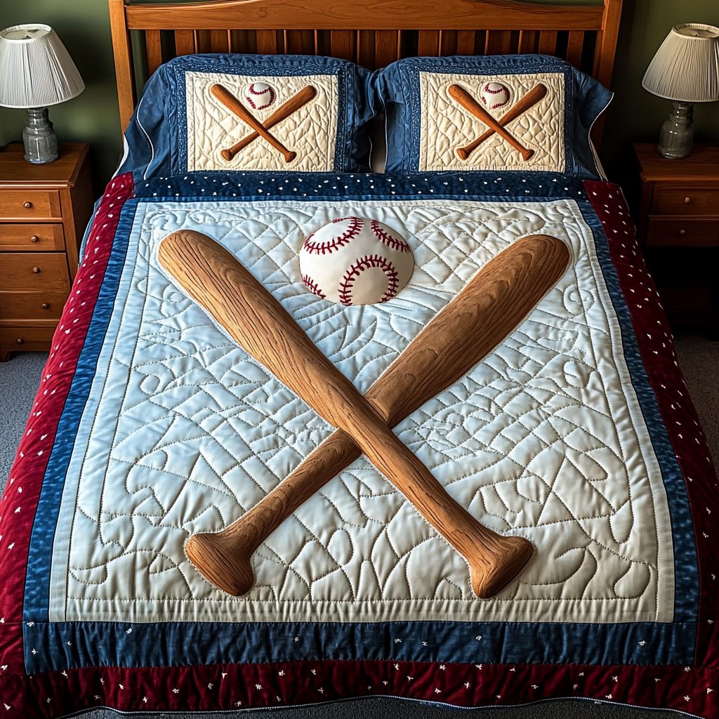 Dugout Comfort quilted 3-piece bedding set on a made bed with two matching pillow shams