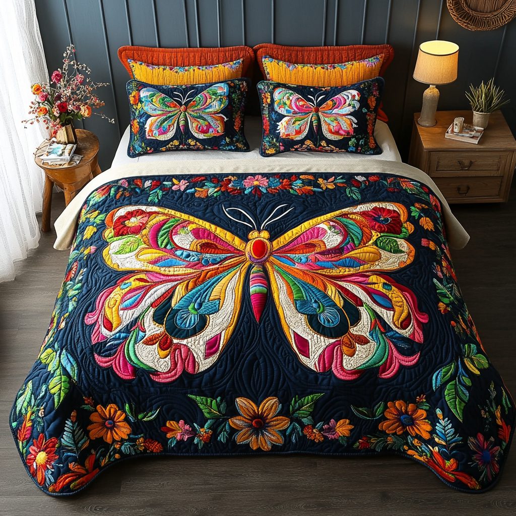 Dusk Wings quilted 3-piece bedding set on a made bed with two matching pillow shams