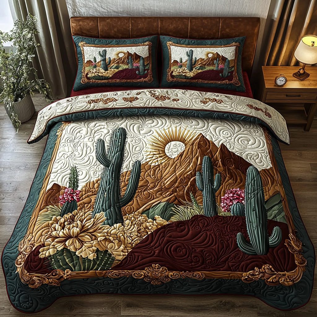 Dusty Bloom quilted 3-piece bedding set on a made bed with two matching pillow shams