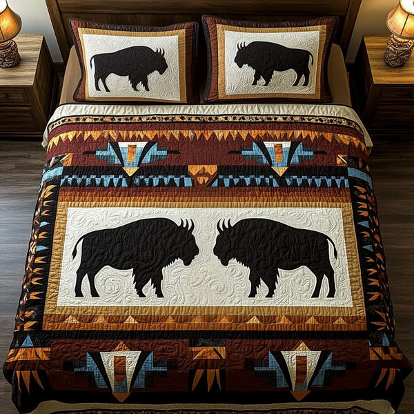 Dusty Prairie quilted 3-piece bedding set on a made bed in a rustic timber bedroom