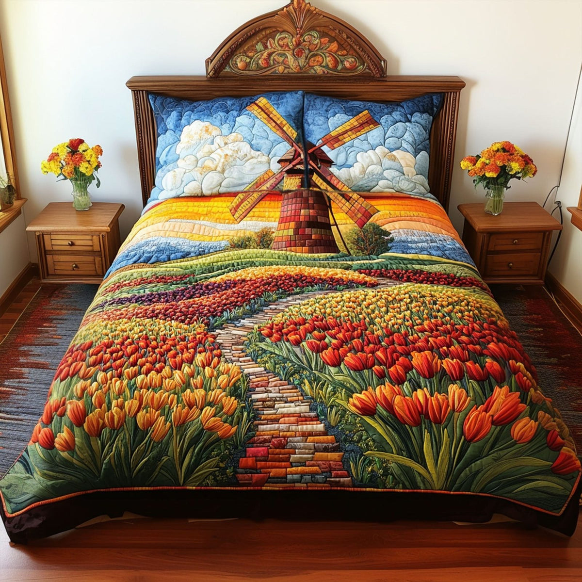 Dutch Delight quilted 3-piece bedding set on a made bed with two matching pillow shams
