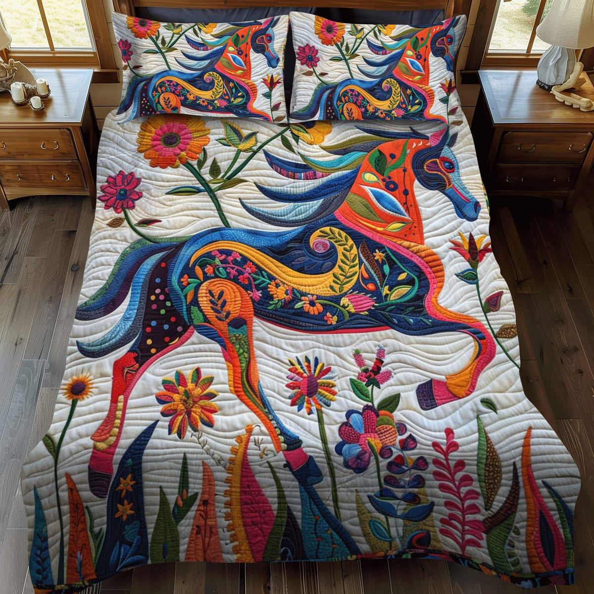 Dynamic Horse Design quilted 3-piece bedding set on a made bed in a rustic timber bedroom
