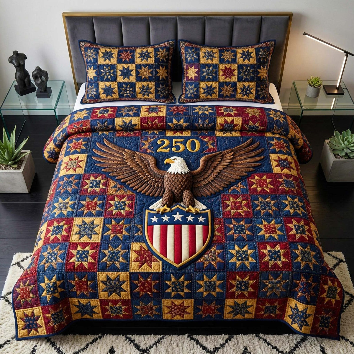Eagle 250 quilted 3-piece bedding set on a made bed in a warmly lit bedroom