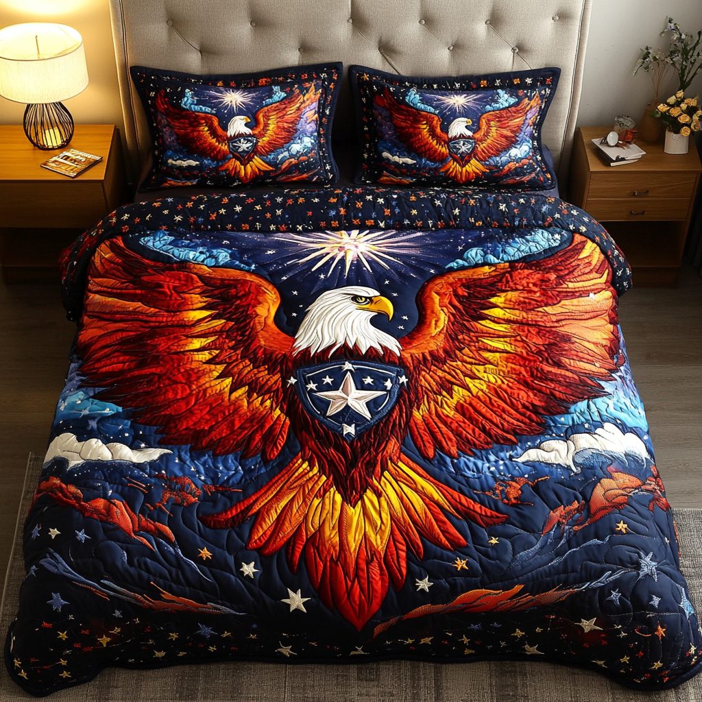 Eagle Horizon quilted 3-piece bedding set on a made bed in a warmly lit bedroom