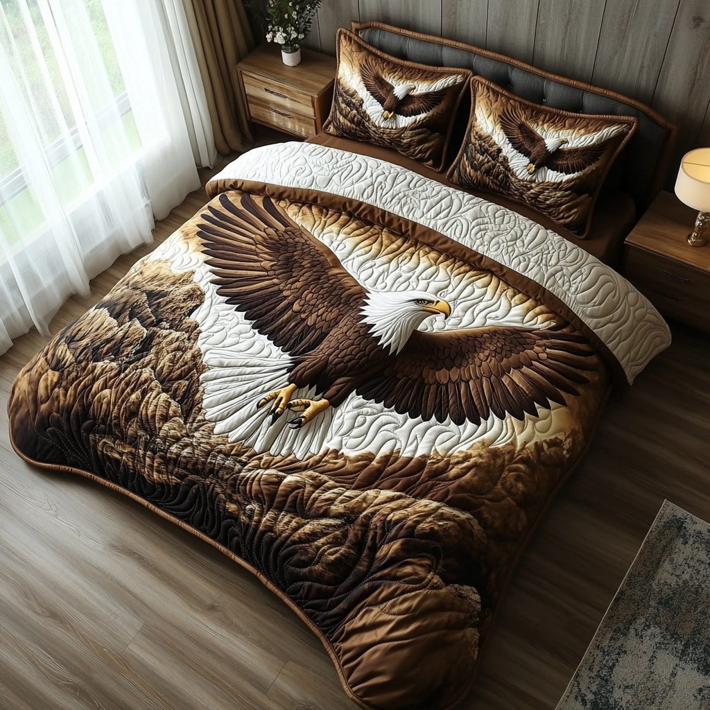 Eagle Horizon quilted 3-piece bedding set on a made bed in a warmly lit bedroom