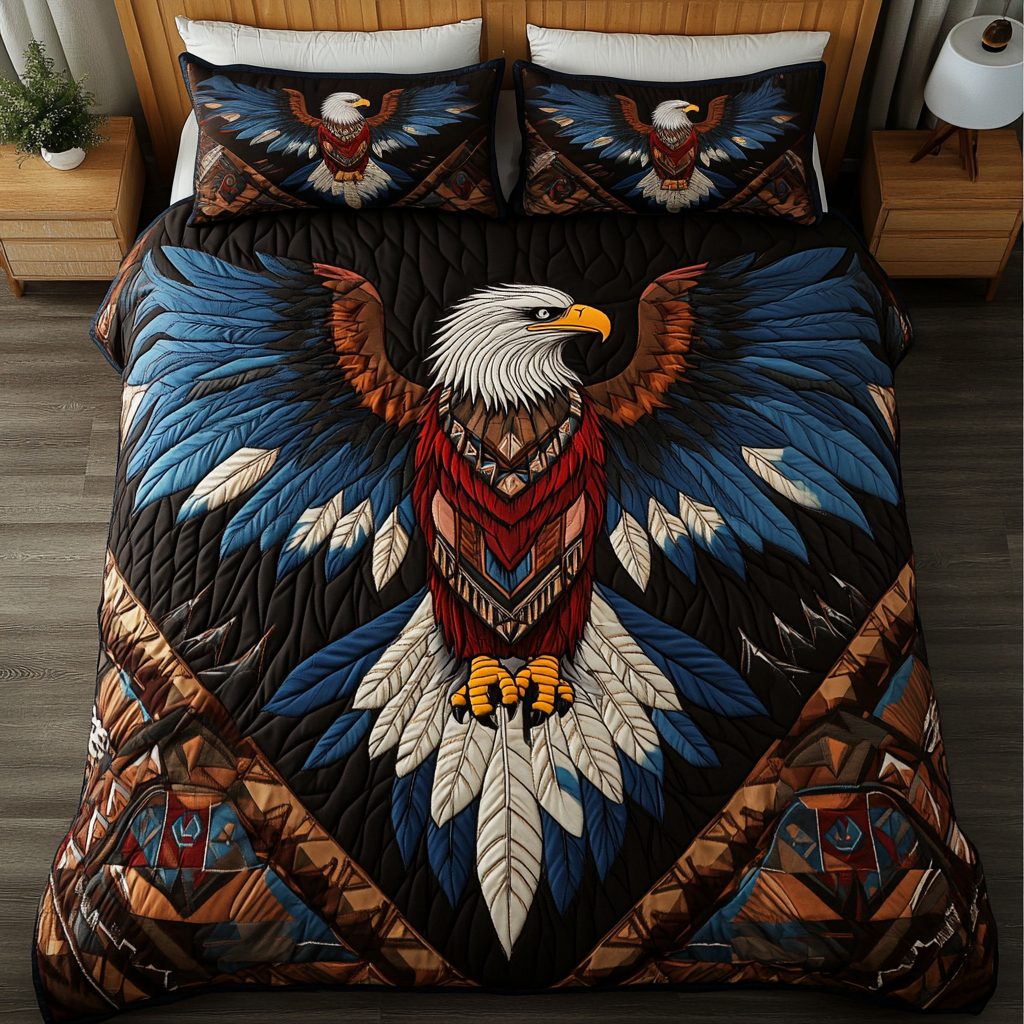 Eagle Pride quilted 3-piece bedding set on a made bed in a warmly lit bedroom