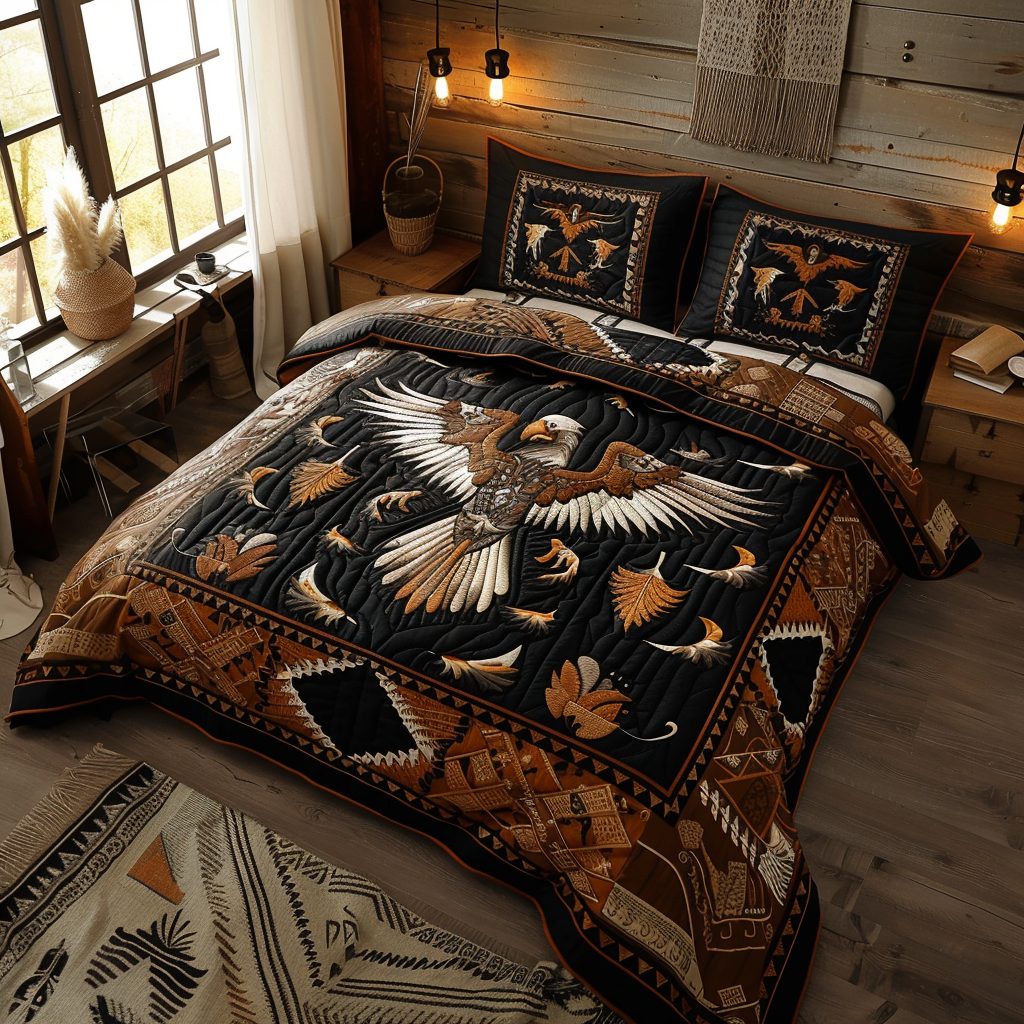 Eagle's Embrace quilted 3-piece bedding set on a made bed in a warmly lit bedroom