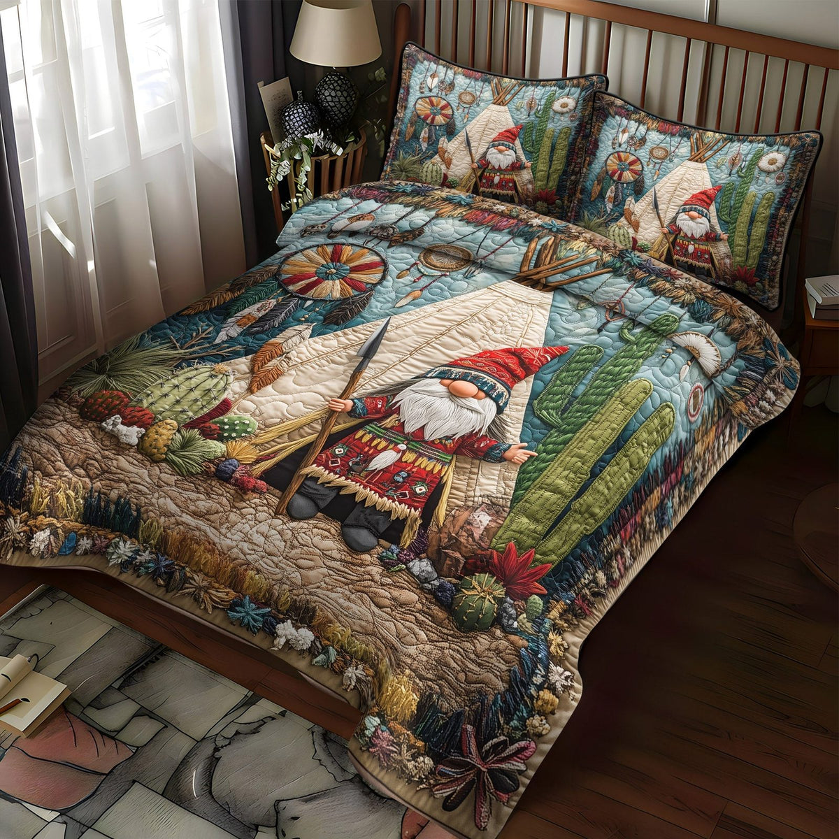 Eagle Vision quilted 3-piece bedding set on a made bed in a warmly lit bedroom