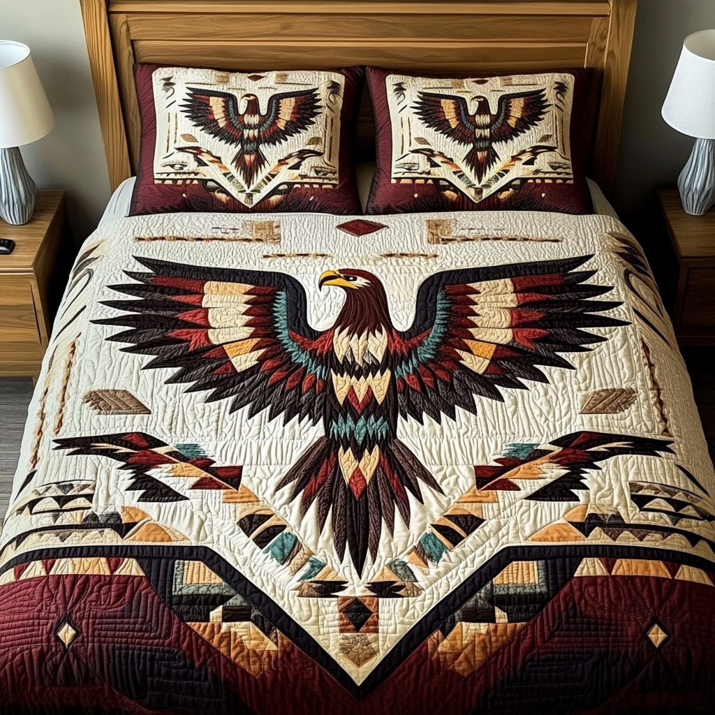 Eagles Flight quilted 3-piece bedding set on a made bed with two matching pillow shams
