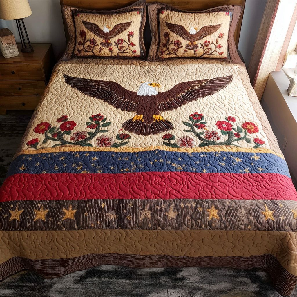 Eagles Honor quilted 3-piece bedding set on a made bed in a warmly lit bedroom