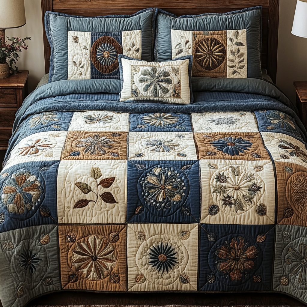 Earth Harmony quilted 3-piece bedding set on a made bed with two matching pillow shams