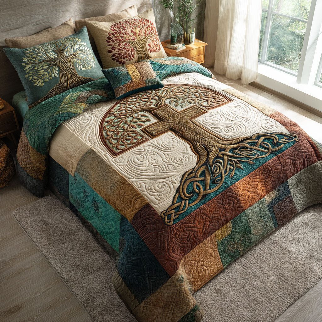 Earth Legacy quilted 3-piece bedding set on a made bed with two matching pillow shams