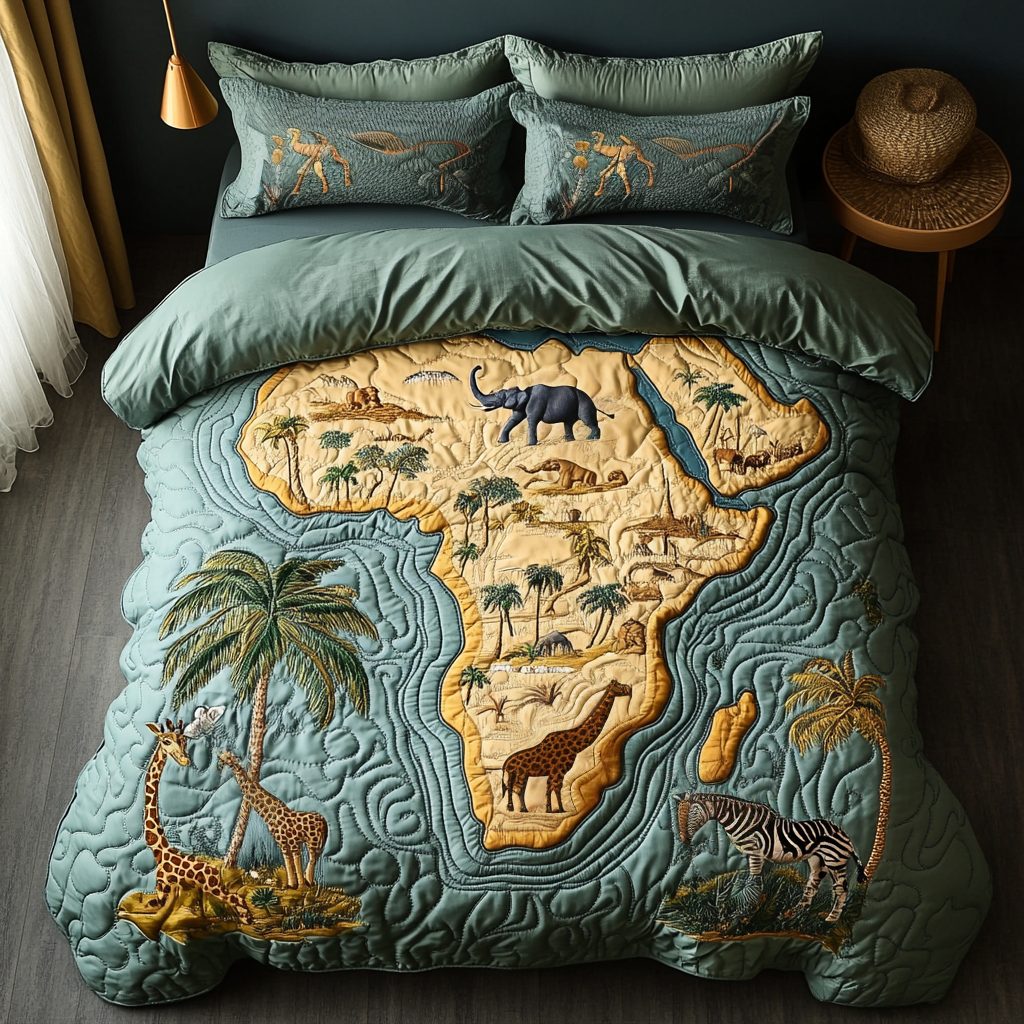 Earth Pulse quilted 3-piece bedding set on a made bed with two matching pillow shams