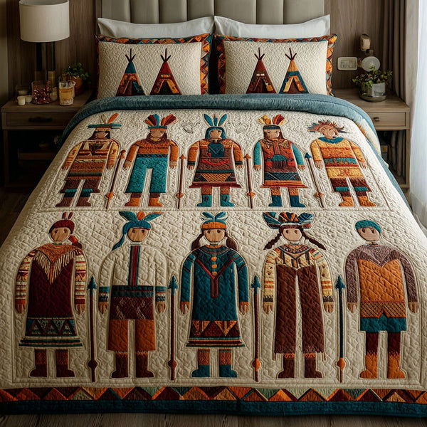 Earth Tones quilted 3-piece bedding set on a made bed with two matching pillow shams
