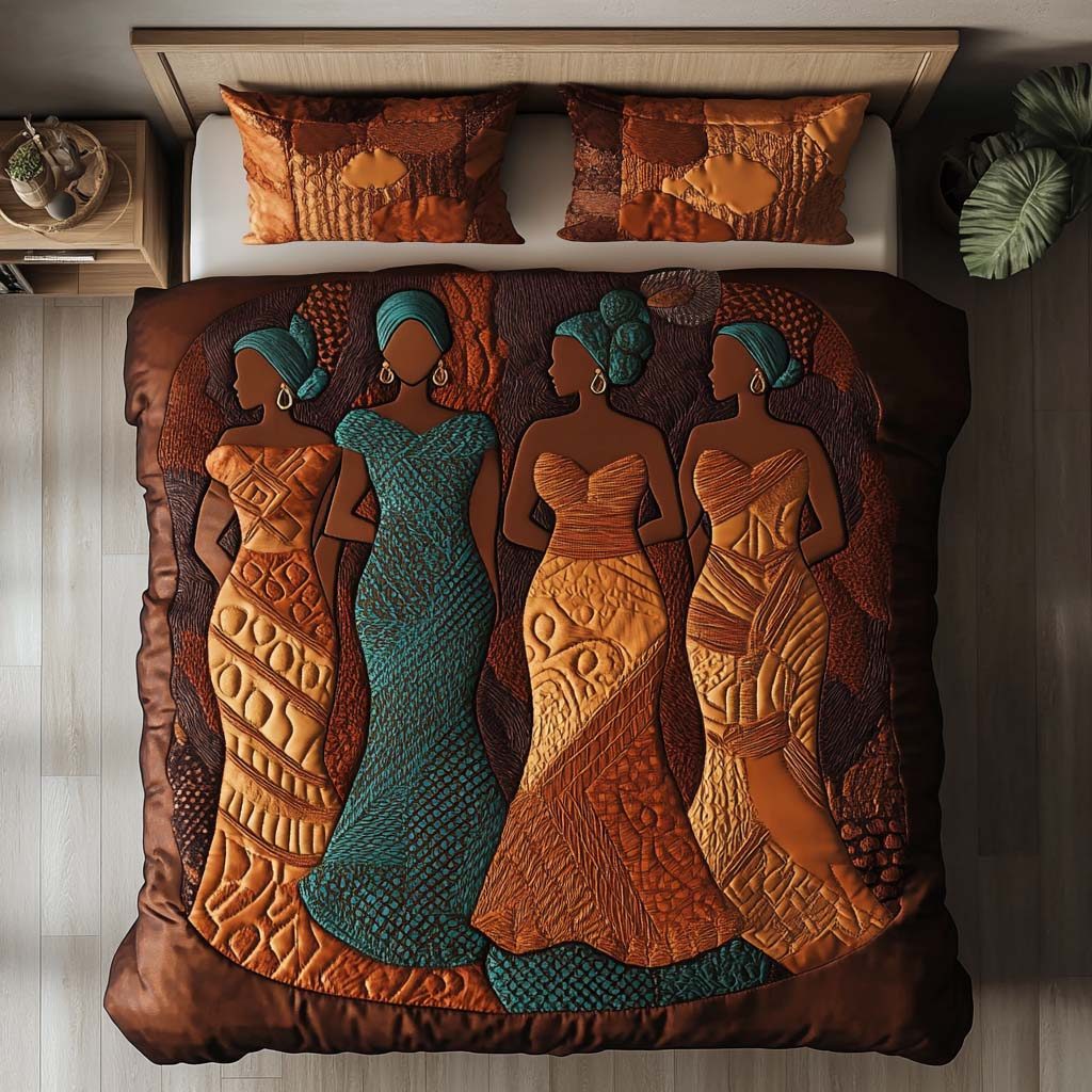 Earth Tones quilted 3-piece bedding set on a made bed with two matching pillow shams