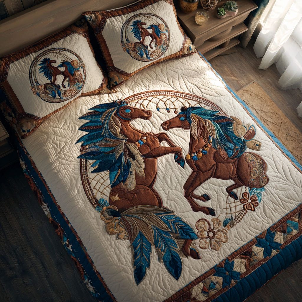 Earthbound Gallop quilted 3-piece bedding set on a made bed with two matching pillow shams