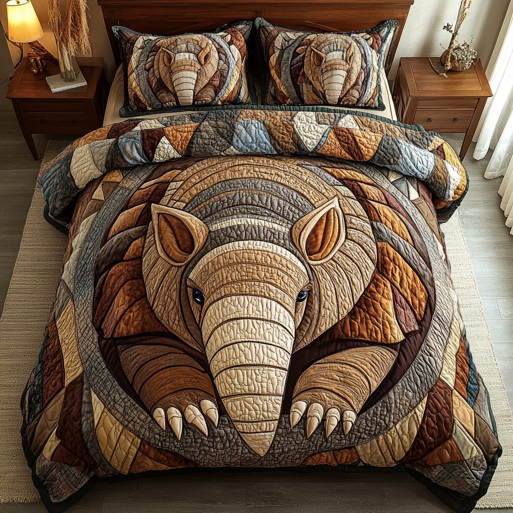 Earthly Armor quilted 3-piece bedding set on a made bed with two matching pillow shams