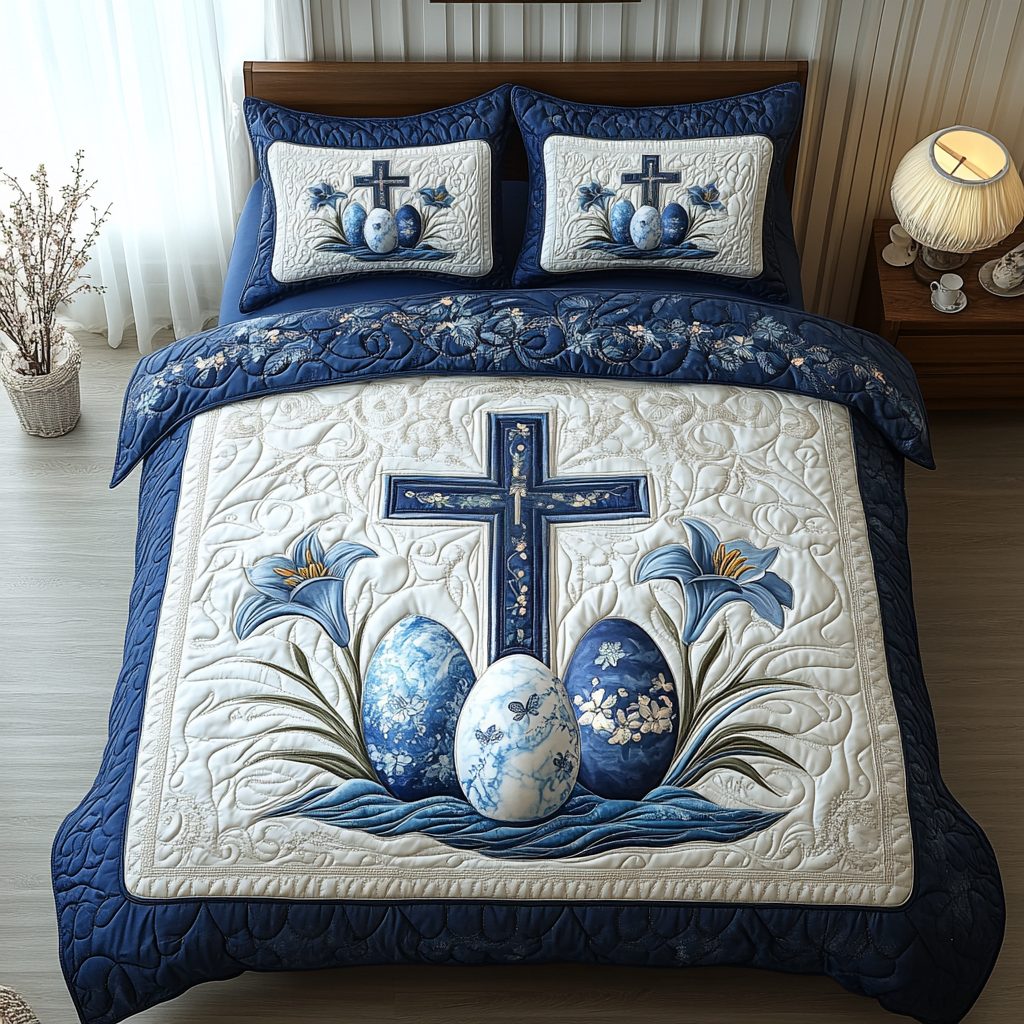 Easter Blessing quilted 3-piece bedding set on a made bed with two matching pillow shams