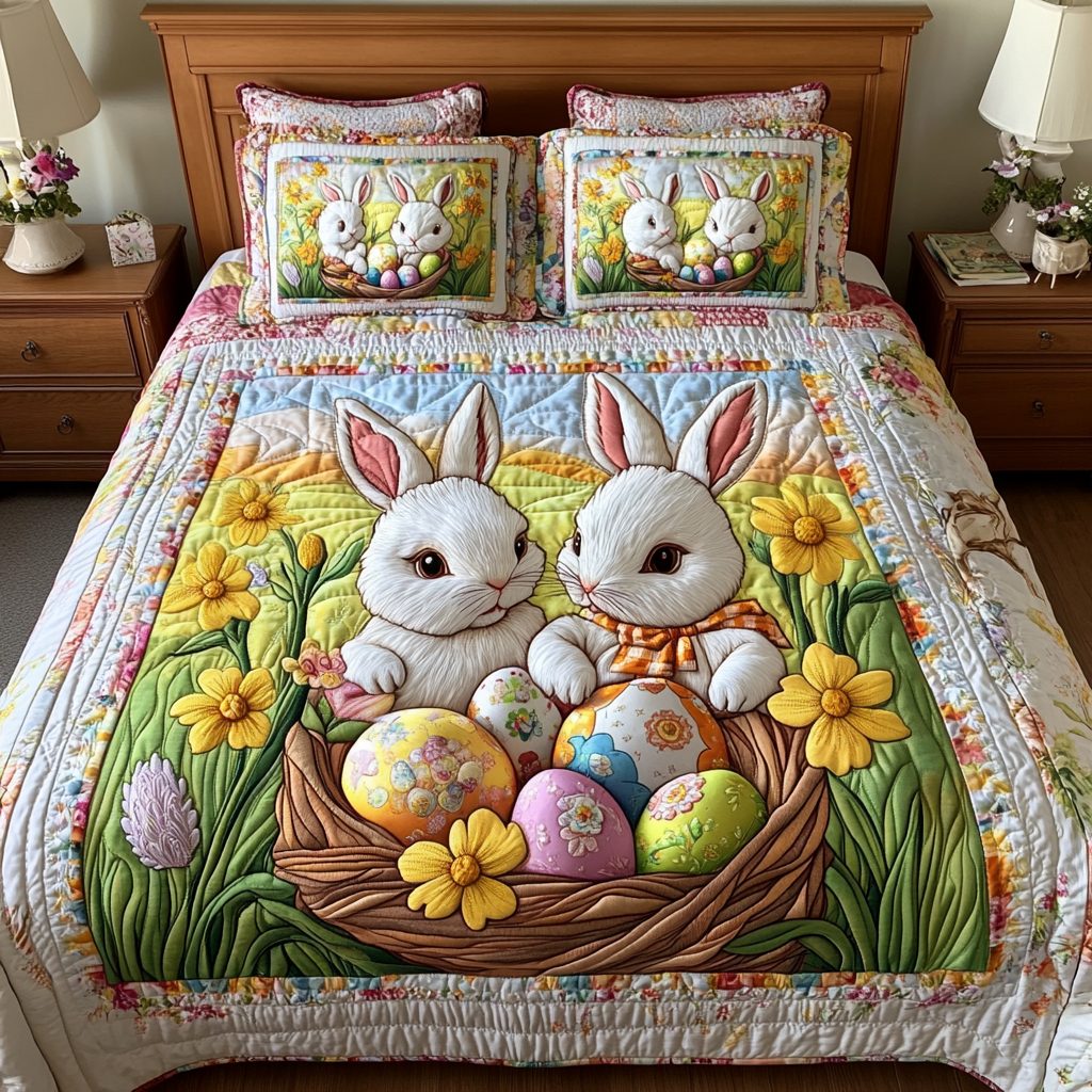 Easter Bunny Basket quilted 3-piece bedding set on a made bed with two matching pillow shams