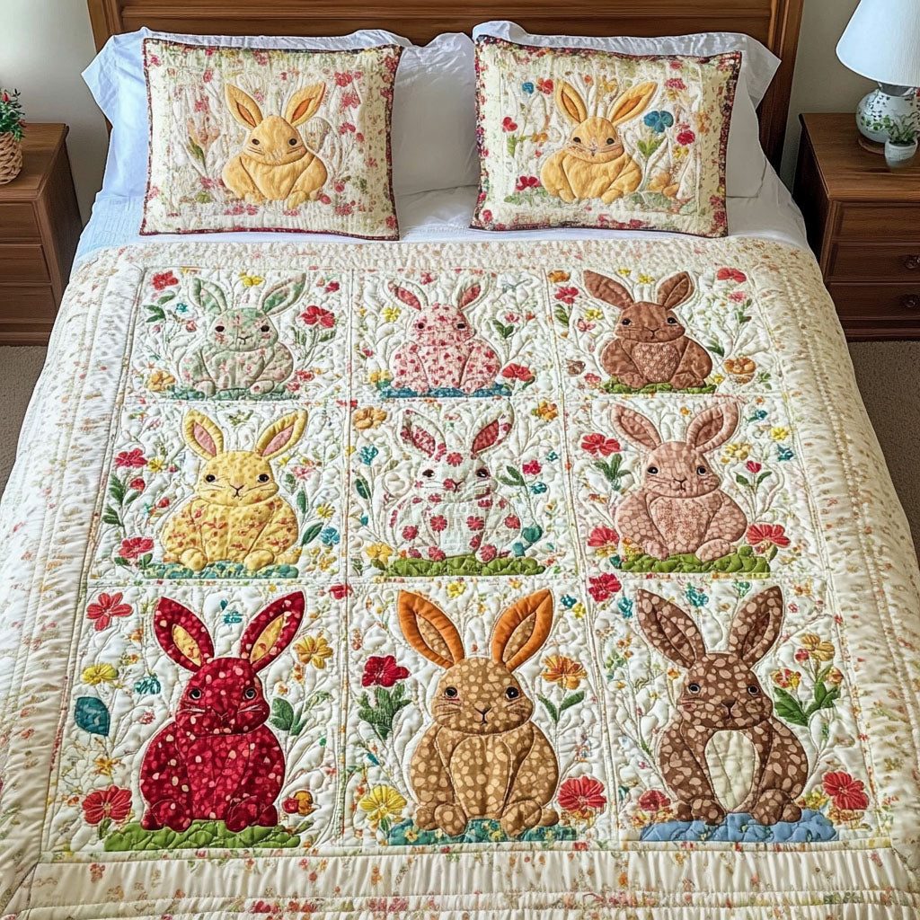 Easter Bunny Meadow quilted 3-piece bedding set on a made bed with two matching pillow shams