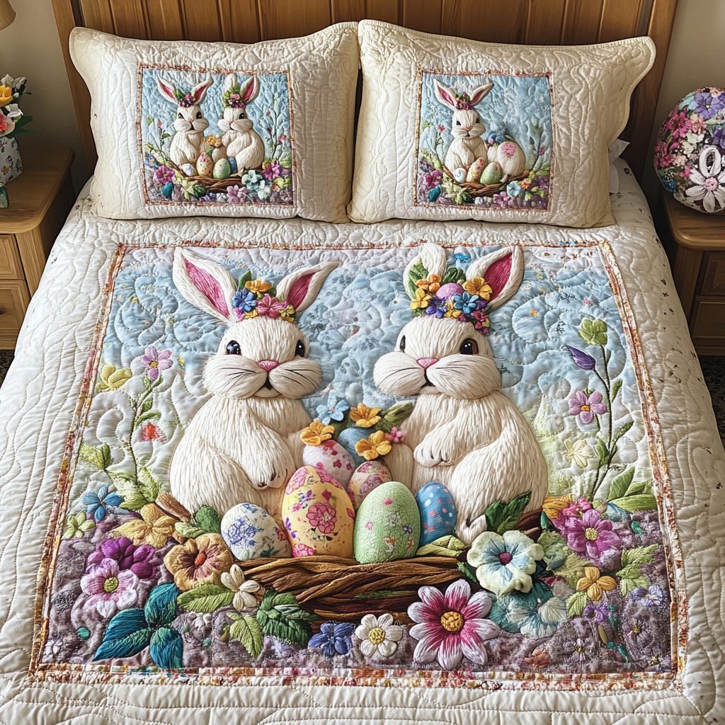Easter Bunny Pair quilted 3-piece bedding set on a made bed with two matching pillow shams