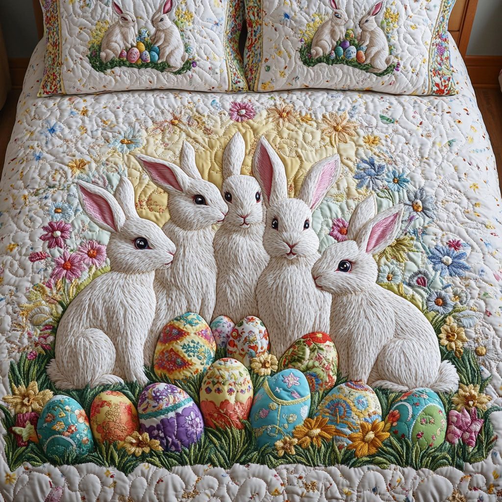 Easter Harmony quilted 3-piece bedding set on a made bed with two matching pillow shams