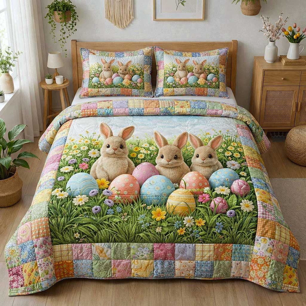 Easter Joy quilted 3-piece bedding set on a made bed with two matching pillow shams