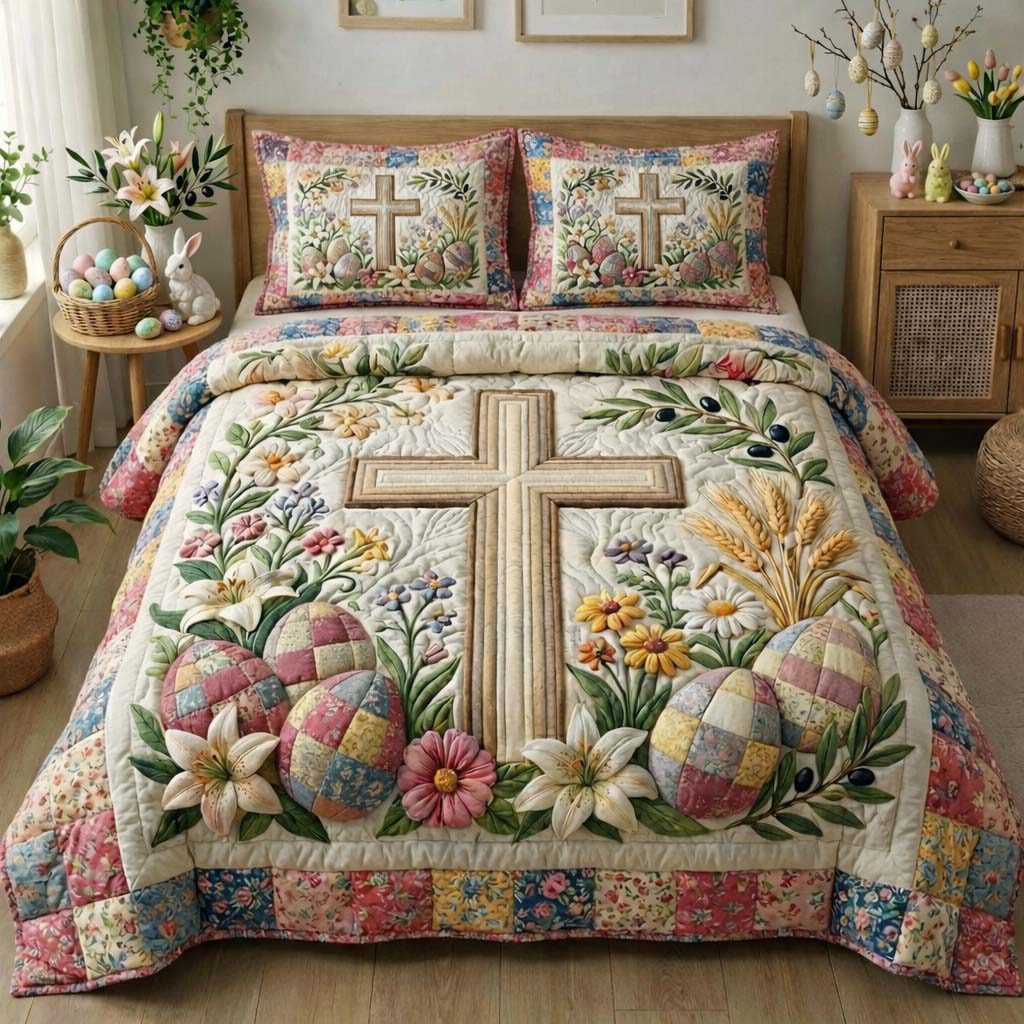 Easter Joy quilted 3-piece bedding set on a made bed with two matching pillow shams