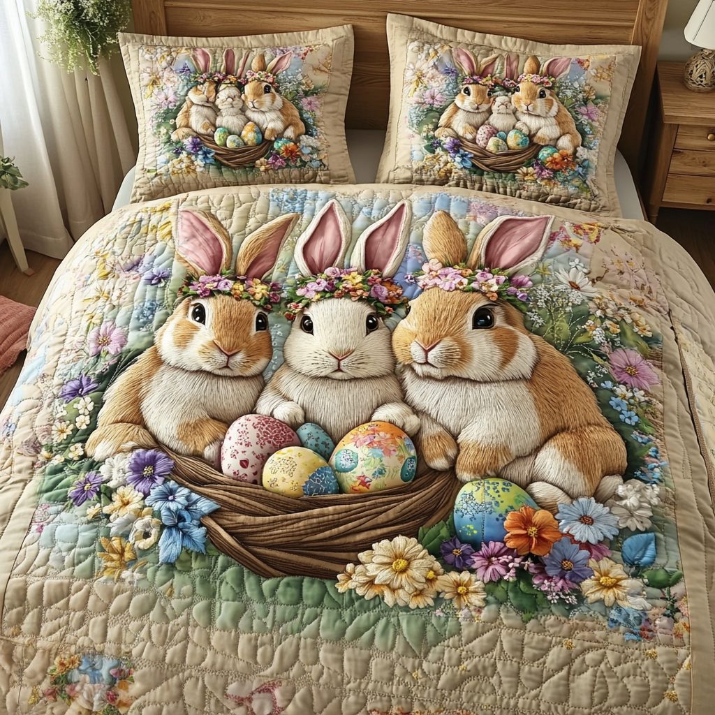 Easter Rabbits in Basket quilted 3-piece bedding set on a made bed with two matching pillow shams