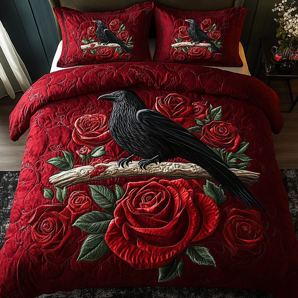 Ebon Feather quilted 3-piece bedding set on a made bed with two matching pillow shams