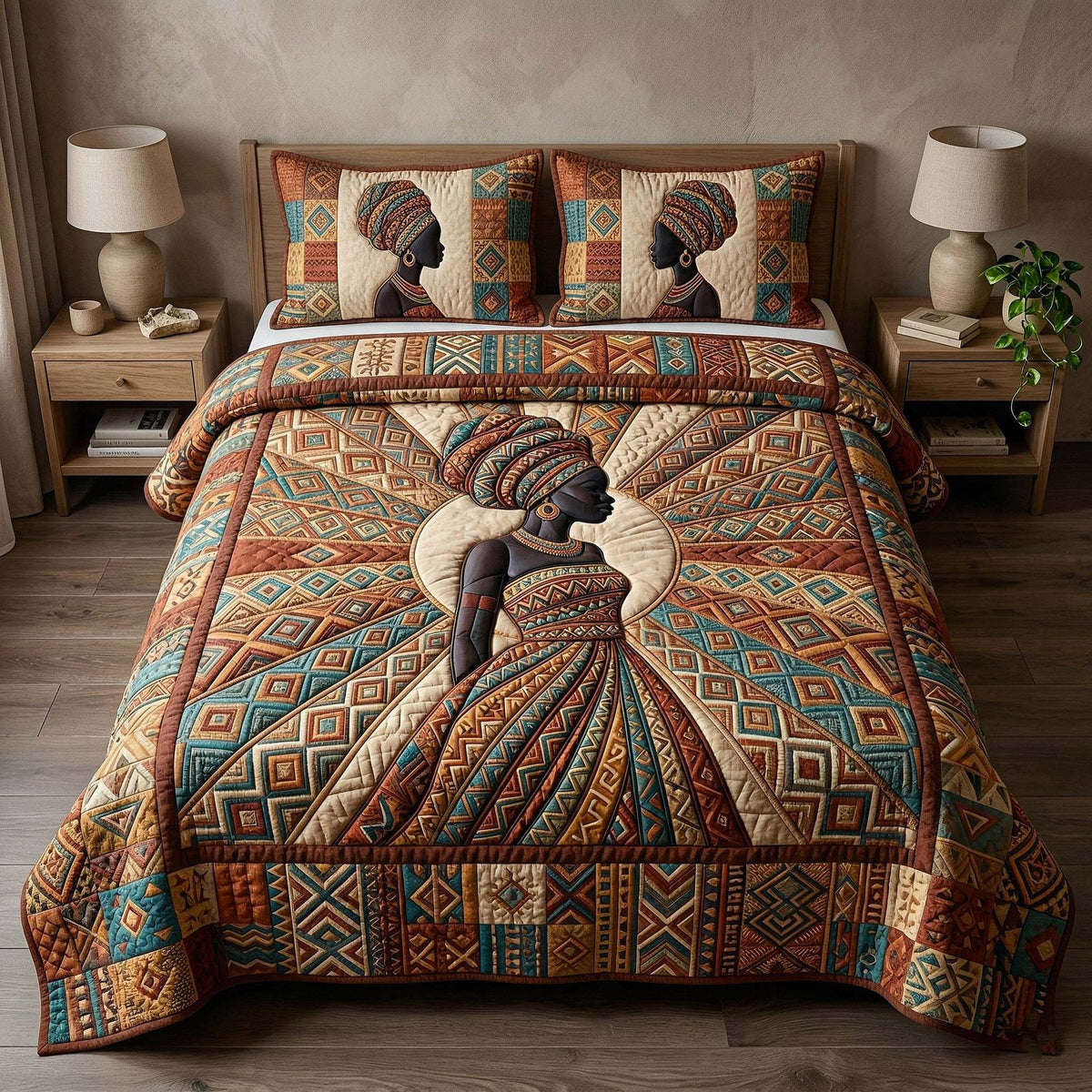 Ebony Queen quilted 3-piece bedding set on a made bed with two matching pillow shams