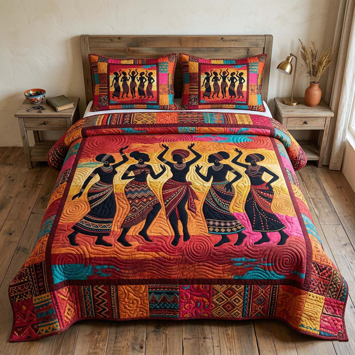 Ebony Queen quilted 3-piece bedding set on a made bed with two matching pillow shams