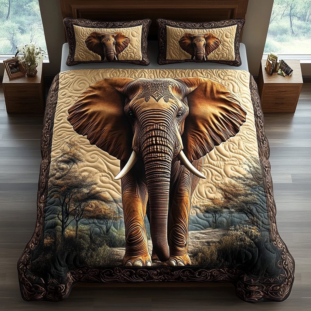Echo of the Wild quilted 3-piece bedding set on a made bed with two matching pillow shams