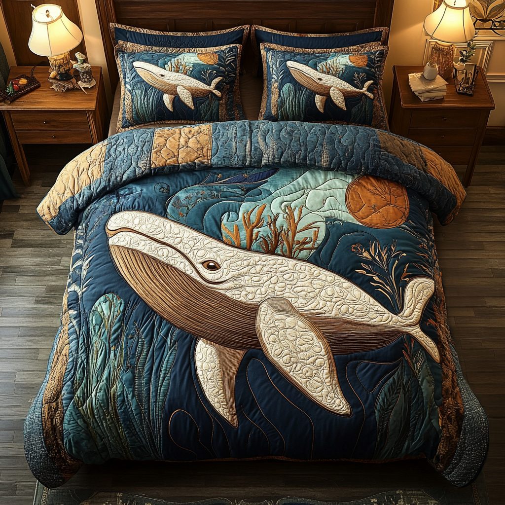 Echo Swimmer quilted 3-piece bedding set on a made bed with two matching pillow shams