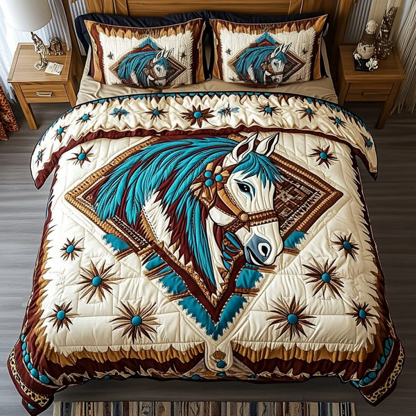 Echoes of Freedom quilted 3-piece bedding set on a made bed in a warmly lit bedroom