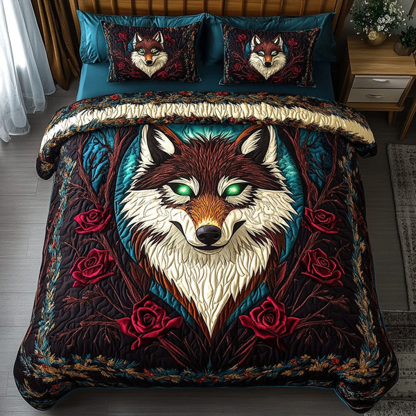 Echoes of the Forest quilted 3-piece bedding set on a made bed with two matching pillow shams