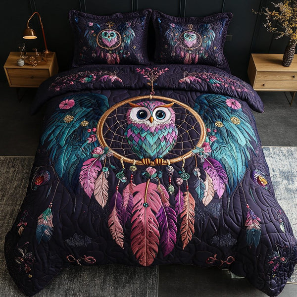 Echoes of the Night quilted 3-piece bedding set on a made bed with two matching pillow shams
