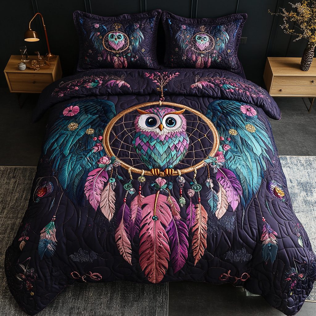 Echoes of the Night quilted 3-piece bedding set on a made bed with two matching pillow shams
