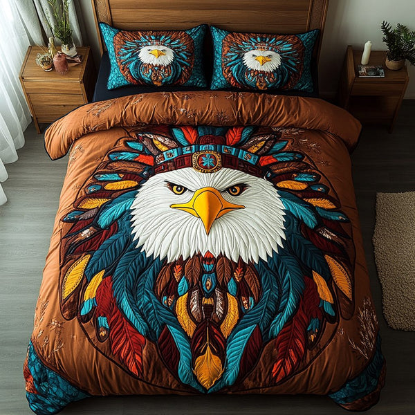 Echoes of the Sky quilted 3-piece bedding set on a made bed with two matching pillow shams